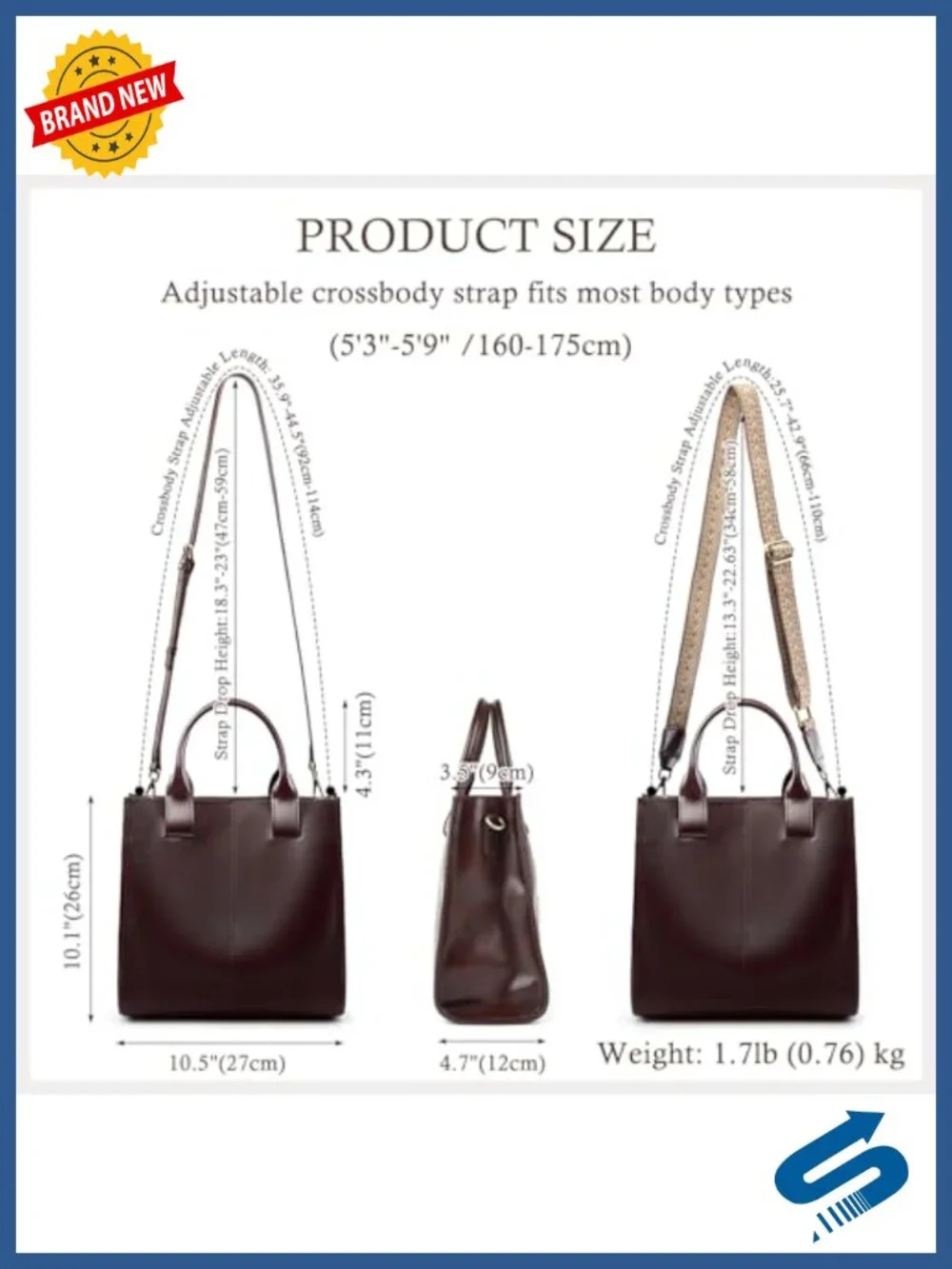 Genuine Leather Tote Bag Women Work Purse Crossbody 2 Adjustable Straps Large